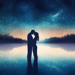 Create a romantic book cover featuring a couple embracing under a starry night sky