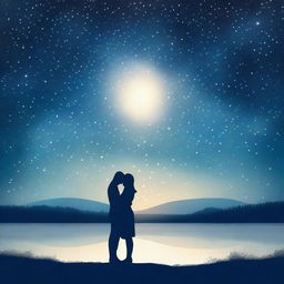 Create a romantic book cover featuring a couple embracing under a starry night sky