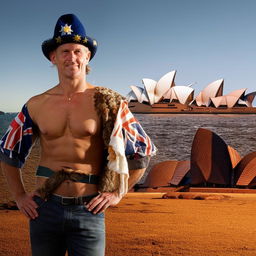 A man from Australia depicted in traditional Australian clothing against a backdrop of iconic Australian landmarks.