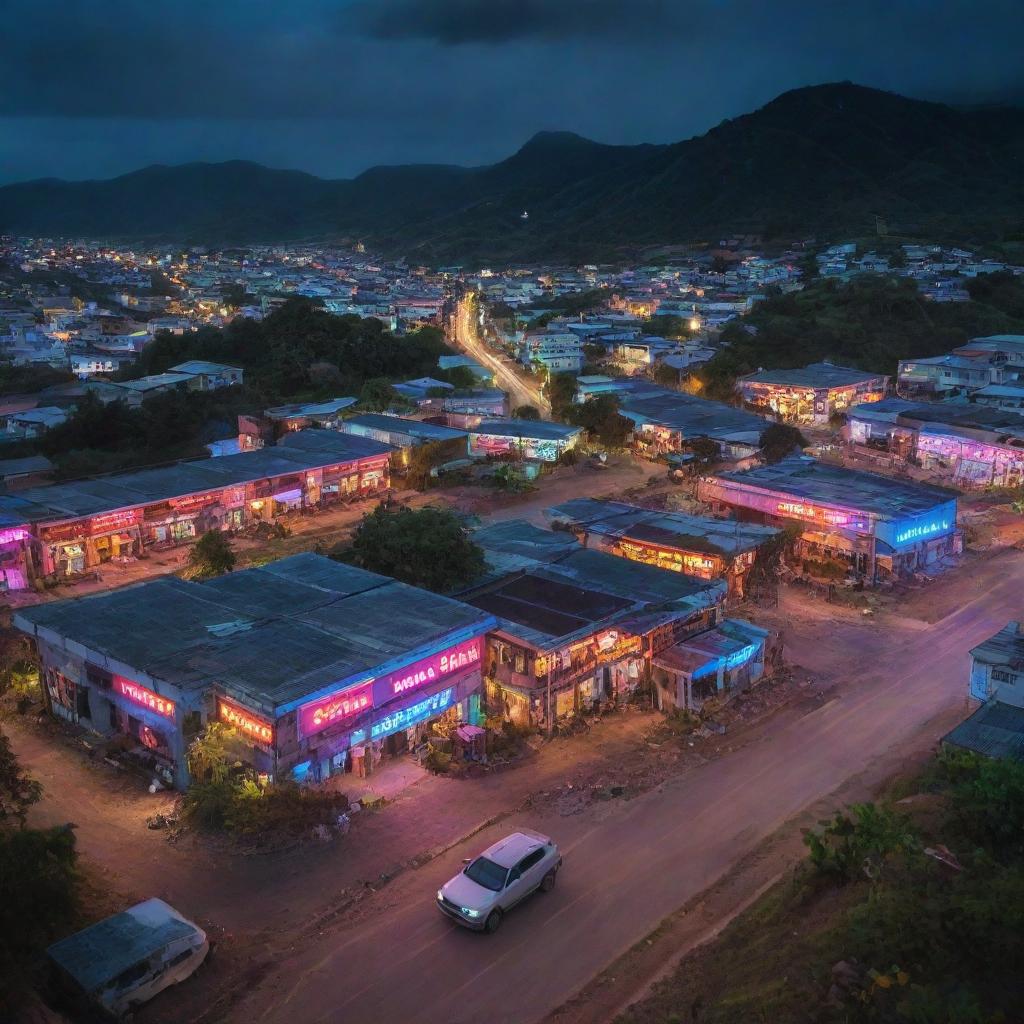 Timor-Leste landscape refashioned in a cyberpunk style, blending traditional cultural elements with vibrant neon lights and high-tech futuristic machinery.