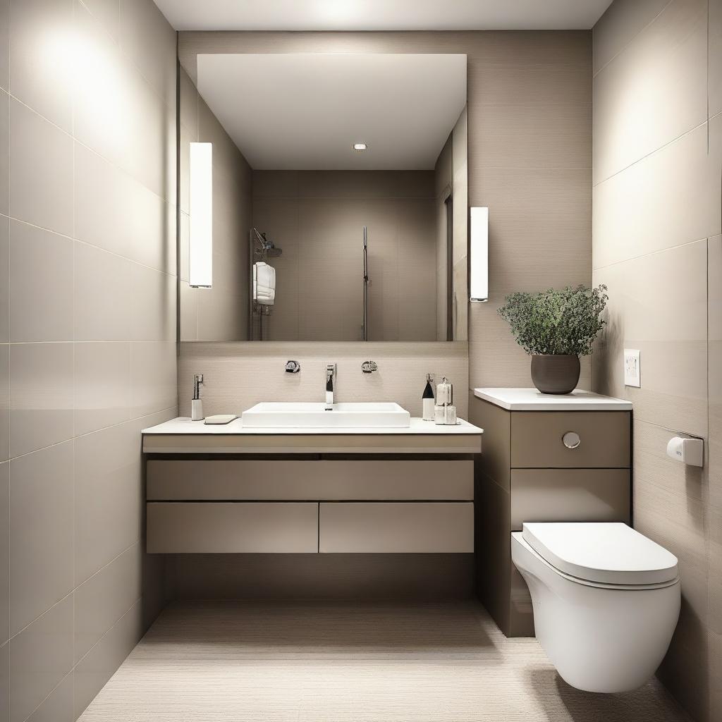 A modern restroom design featuring sleek, minimalist fixtures, neutral color palette, and ample lighting