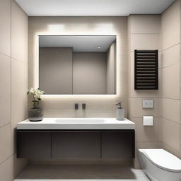 A modern restroom design featuring sleek, minimalist fixtures, neutral color palette, and ample lighting