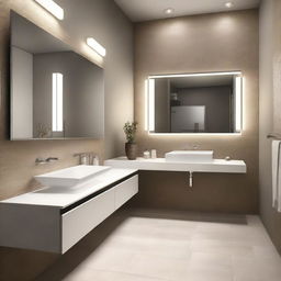 A modern restroom design featuring sleek, minimalist fixtures, neutral color palette, and ample lighting