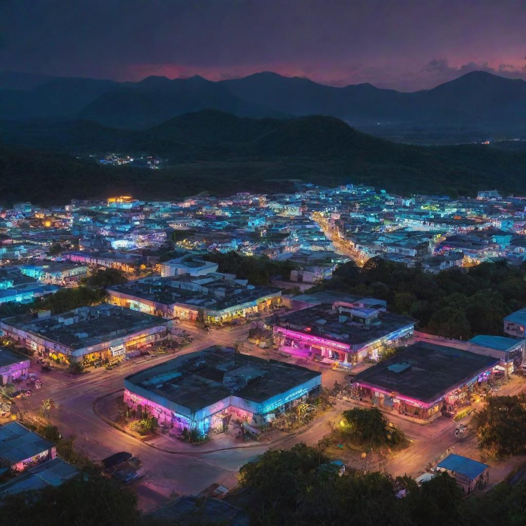 Timor-Leste landscape refashioned in a cyberpunk style, blending traditional cultural elements with vibrant neon lights and high-tech futuristic machinery.