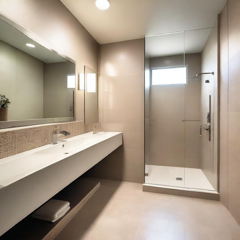 A modern restroom design featuring sleek, minimalist fixtures, neutral color palette, and ample lighting