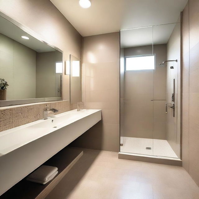 A modern restroom design featuring sleek, minimalist fixtures, neutral color palette, and ample lighting