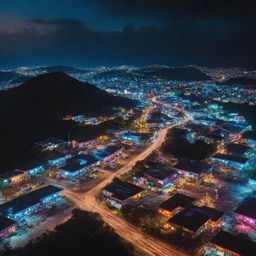 Timor-Leste landscape refashioned in a cyberpunk style, blending traditional cultural elements with vibrant neon lights and high-tech futuristic machinery.