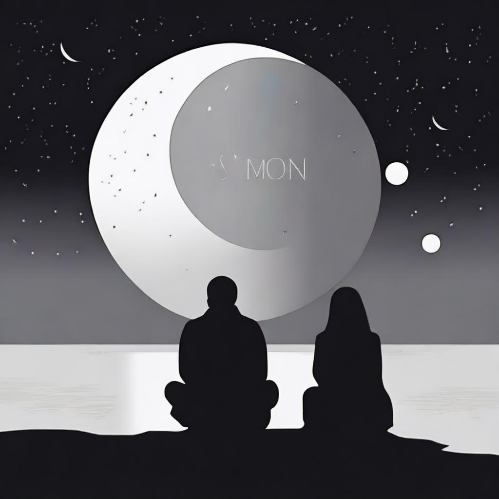 A black silhouette of a male and a hijabi, their outfits not visible, sitting on a beach and looking at a shining white moon