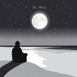 A black silhouette of a male and a hijabi, their outfits not visible, sitting on a beach and looking at a shining white moon