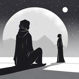 A black silhouette of a male and a hijabi, their outfits not visible, sitting on a beach and looking at a shining white moon