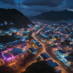 Timor-Leste landscape refashioned in a cyberpunk style, blending traditional cultural elements with vibrant neon lights and high-tech futuristic machinery.