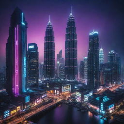 Malaysian cityscape reimagined in a cyberpunk style, incorporating neon extravagance, futuristic tech-infused elements, and traditional Malaysian architectural forms.