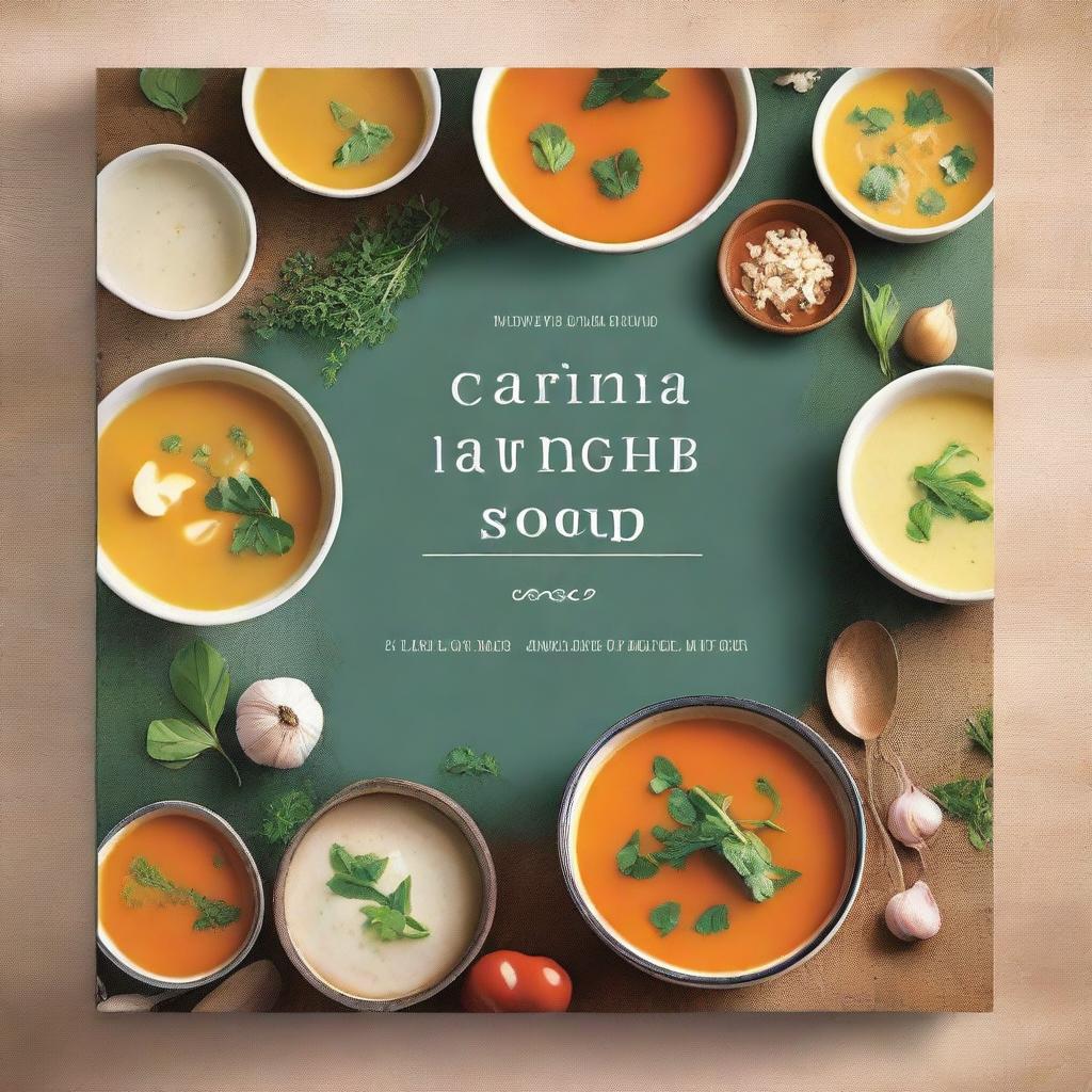 A beautifully designed cookbook cover featuring a variety of soups