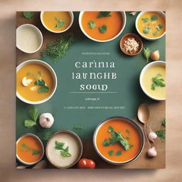 A beautifully designed cookbook cover featuring a variety of soups