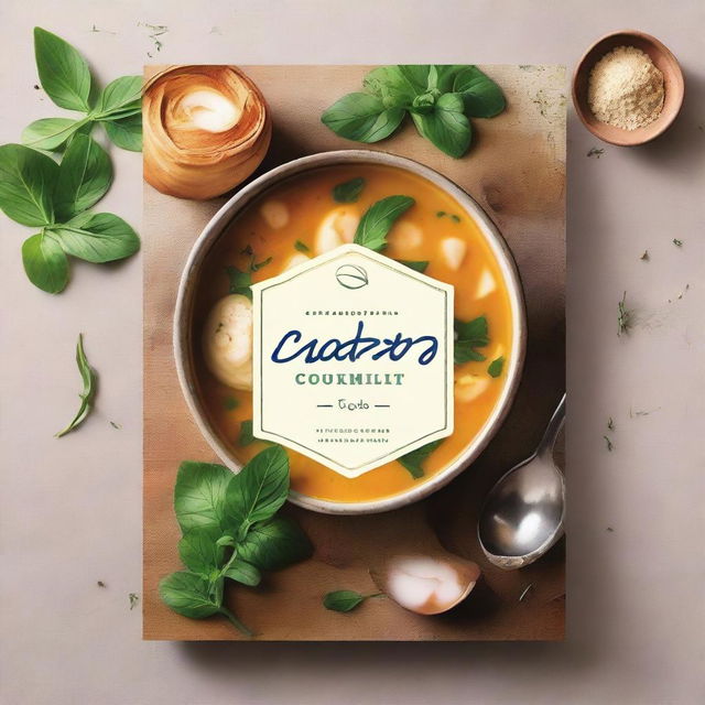 A beautifully designed cookbook cover featuring a variety of soups