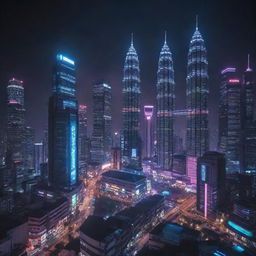 Malaysian cityscape reimagined in a cyberpunk style, incorporating neon extravagance, futuristic tech-infused elements, and traditional Malaysian architectural forms.