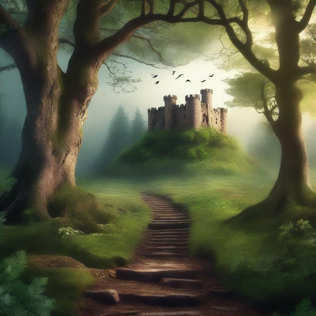 Create a captivating book cover featuring a mysterious forest with a hidden path leading to an ancient castle