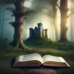 Create a captivating book cover featuring a mysterious forest with a hidden path leading to an ancient castle