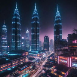 Malaysian cityscape reimagined in a cyberpunk style, incorporating neon extravagance, futuristic tech-infused elements, and traditional Malaysian architectural forms.