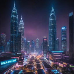 Malaysian cityscape reimagined in a cyberpunk style, incorporating neon extravagance, futuristic tech-infused elements, and traditional Malaysian architectural forms.