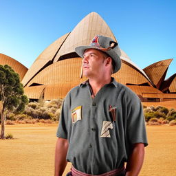 A man from Australia depicted in traditional Australian clothing against a backdrop of iconic Australian landmarks.