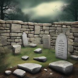 Generate an artistic book cover for a book where the wall of a cemetery is the protagonist