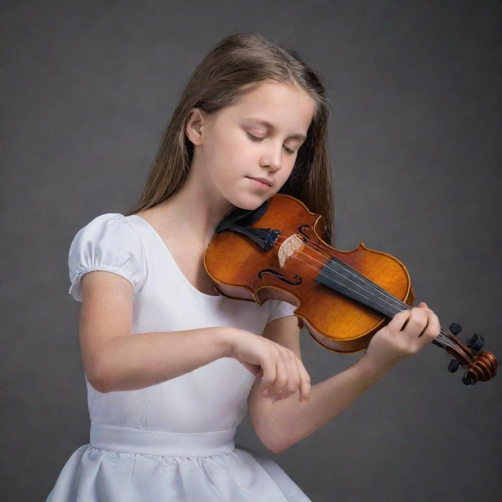 A young girl passionately playing a classic, polished violin.