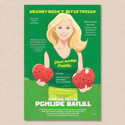 Design a book cover for a pickleball romance novel featuring a blond female instructor