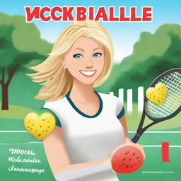 Design a book cover for a pickleball romance novel featuring a blond female instructor