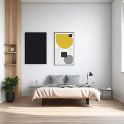 Una habitación moderna y minimalista con paredes blancas decoradas con arte abstracto colorido