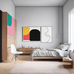 Una habitación moderna y minimalista con paredes blancas decoradas con arte abstracto colorido