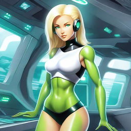 A green-skinned alien woman, approximately 25 years old, with a sexy and athletic build