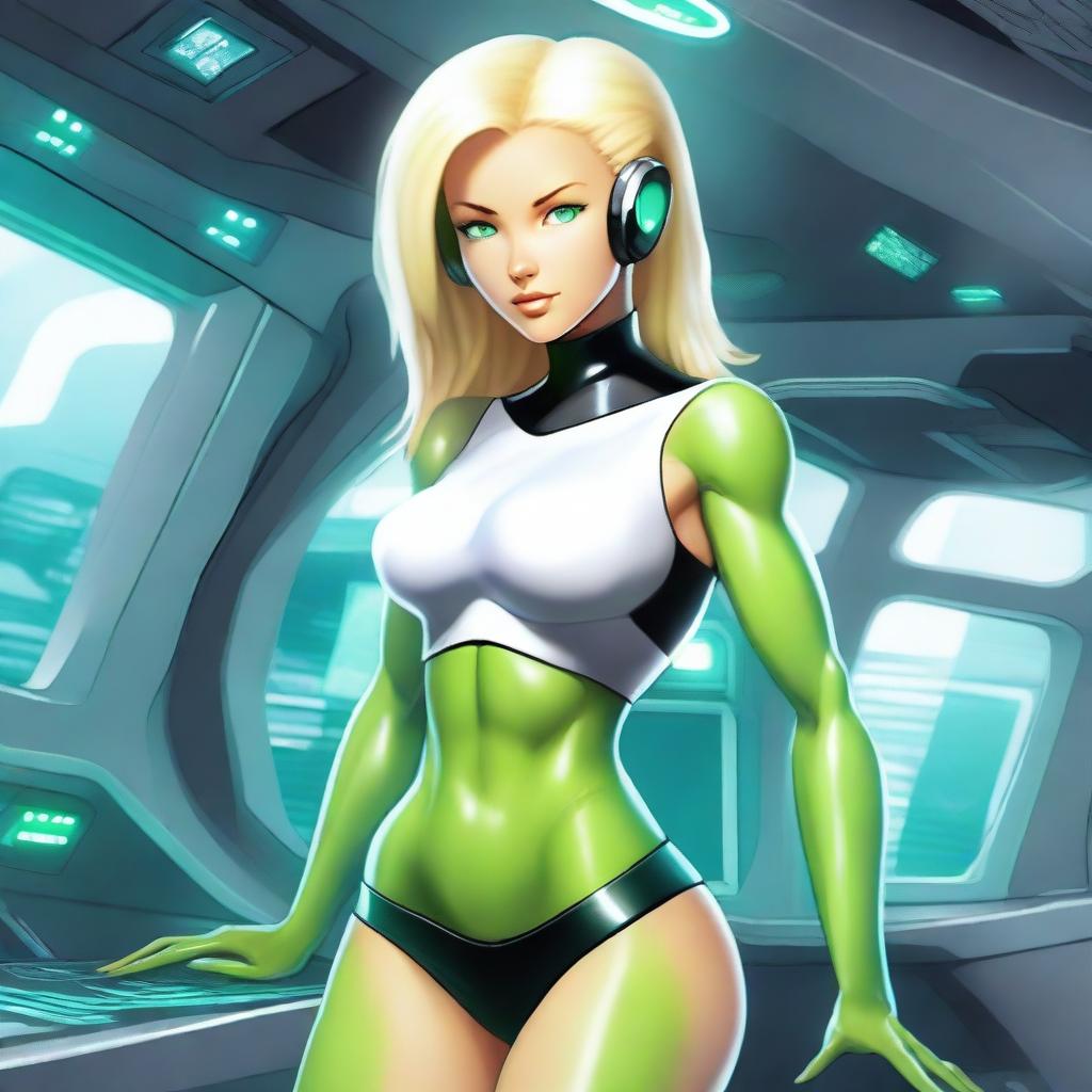 A green-skinned alien woman, approximately 25 years old, with a sexy and athletic build