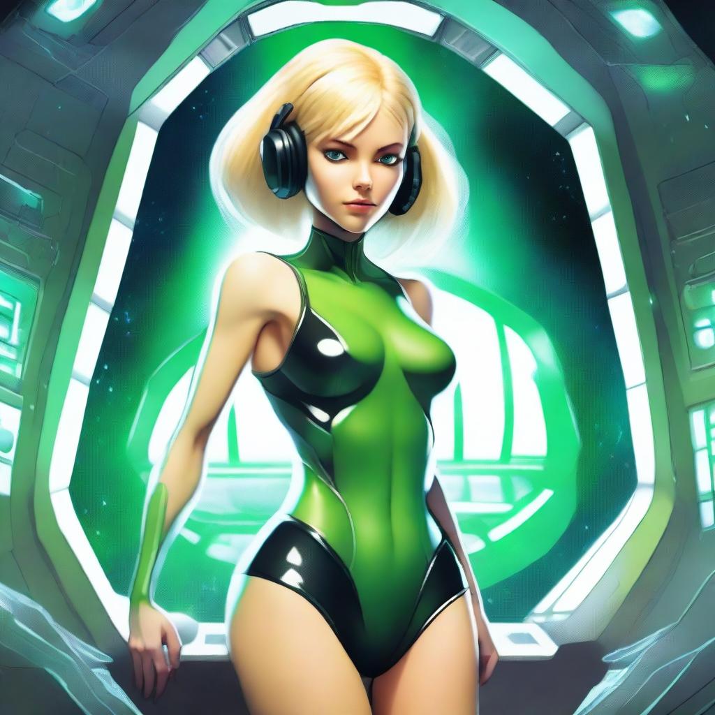 A green-skinned alien woman, approximately 25 years old, with a sexy and athletic build