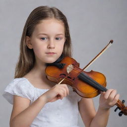 A young girl passionately playing a classic, polished violin.