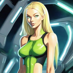 A green-skinned alien woman, approximately 25 years old, with a sexy and athletic build