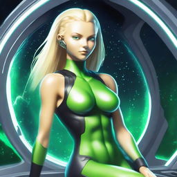 A green-skinned alien woman, approximately 25 years old, with a sexy and athletic build