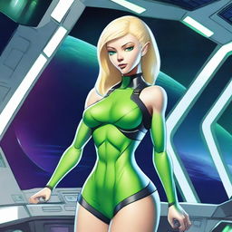 A green-skinned alien woman, approximately 25 years old, with a sexy and athletic build