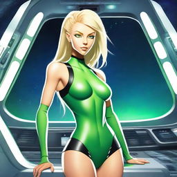 A green-skinned alien woman, approximately 25 years old, with a sexy and athletic build