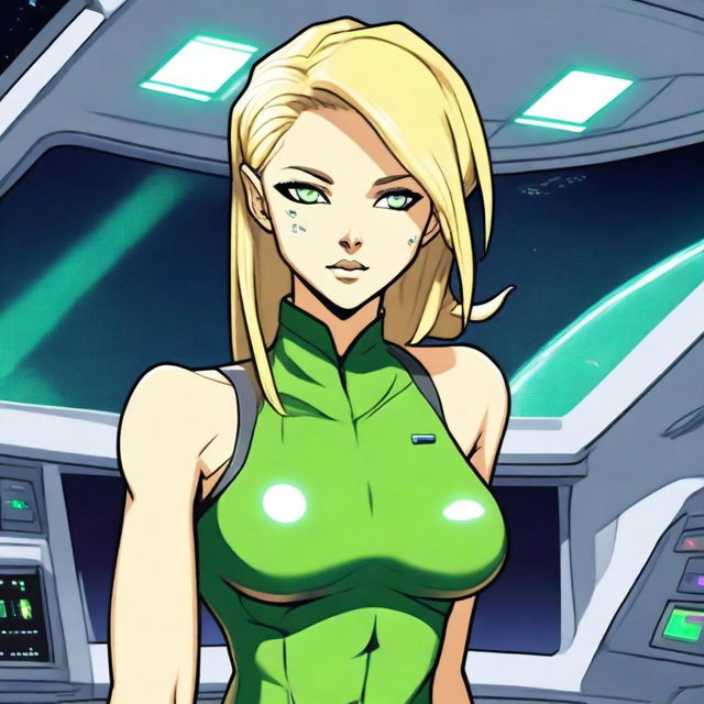 A green-skinned alien woman, approximately 25 years old, with a sexy and athletic build