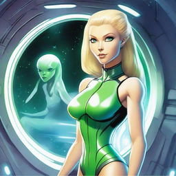 A green-skinned alien woman, approximately 25 years old, with a sexy and athletic build