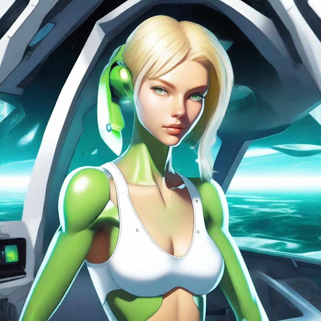 A green-skinned alien woman, approximately 25 years old, with a sexy and athletic build