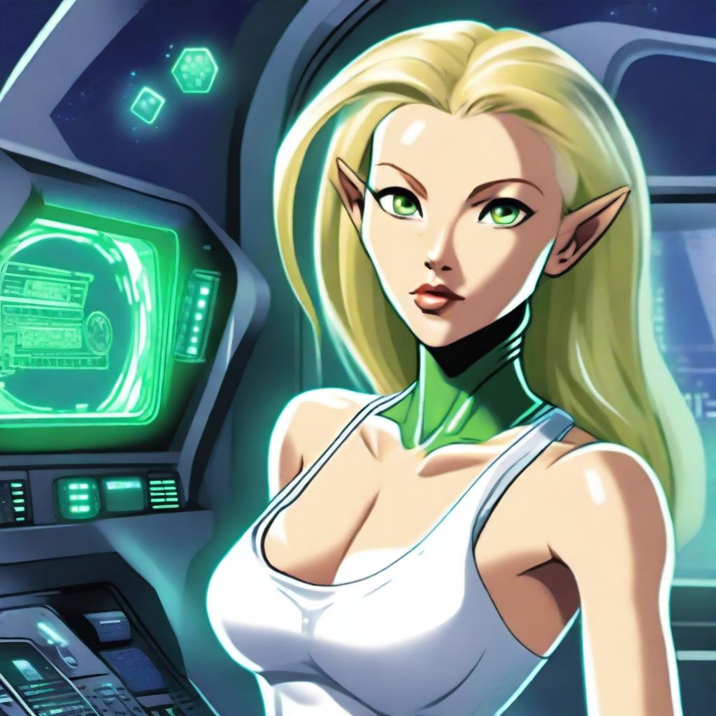 A green-skinned alien woman, approximately 25 years old, with a sexy and athletic build