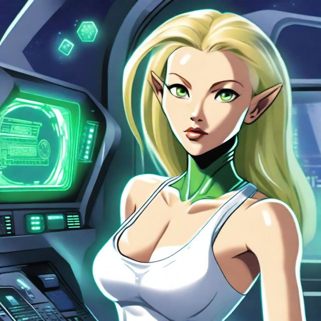A green-skinned alien woman, approximately 25 years old, with a sexy and athletic build
