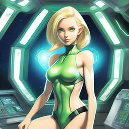 A green-skinned alien woman, approximately 25 years old, with a sexy and athletic build