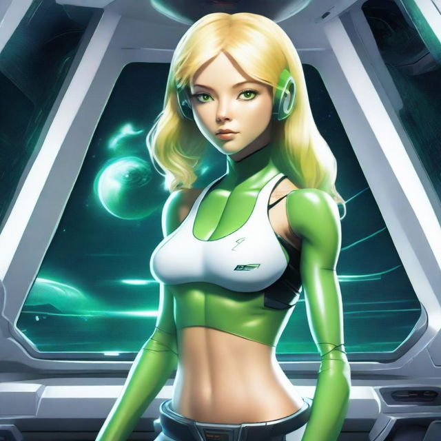 A green-skinned alien woman, approximately 25 years old, with a sexy and athletic build