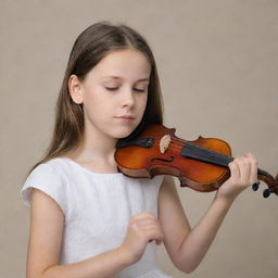 A young girl passionately playing a classic, polished violin.