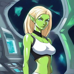 A green-skinned alien woman, approximately 25 years old, with a sexy and athletic build