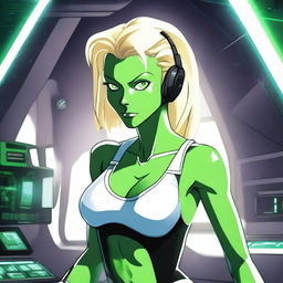 A green-skinned alien woman, approximately 25 years old, with a sexy and athletic build