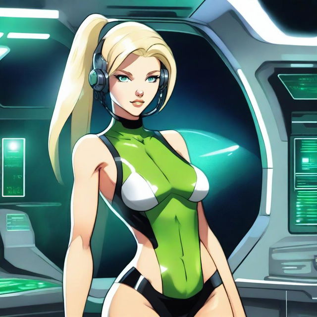 A green-skinned alien woman, approximately 25 years old, with a sexy and athletic build